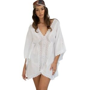 Blanco by Nature Aqua White Cotton Lace Cover-Up‎ Bell Sleeves V-Neck Sz M